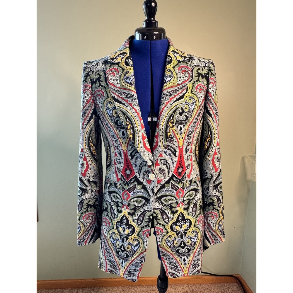 Alice + Olivia Breann Long Fitted Blazer Paisley Poem Red Green Gold Button 8